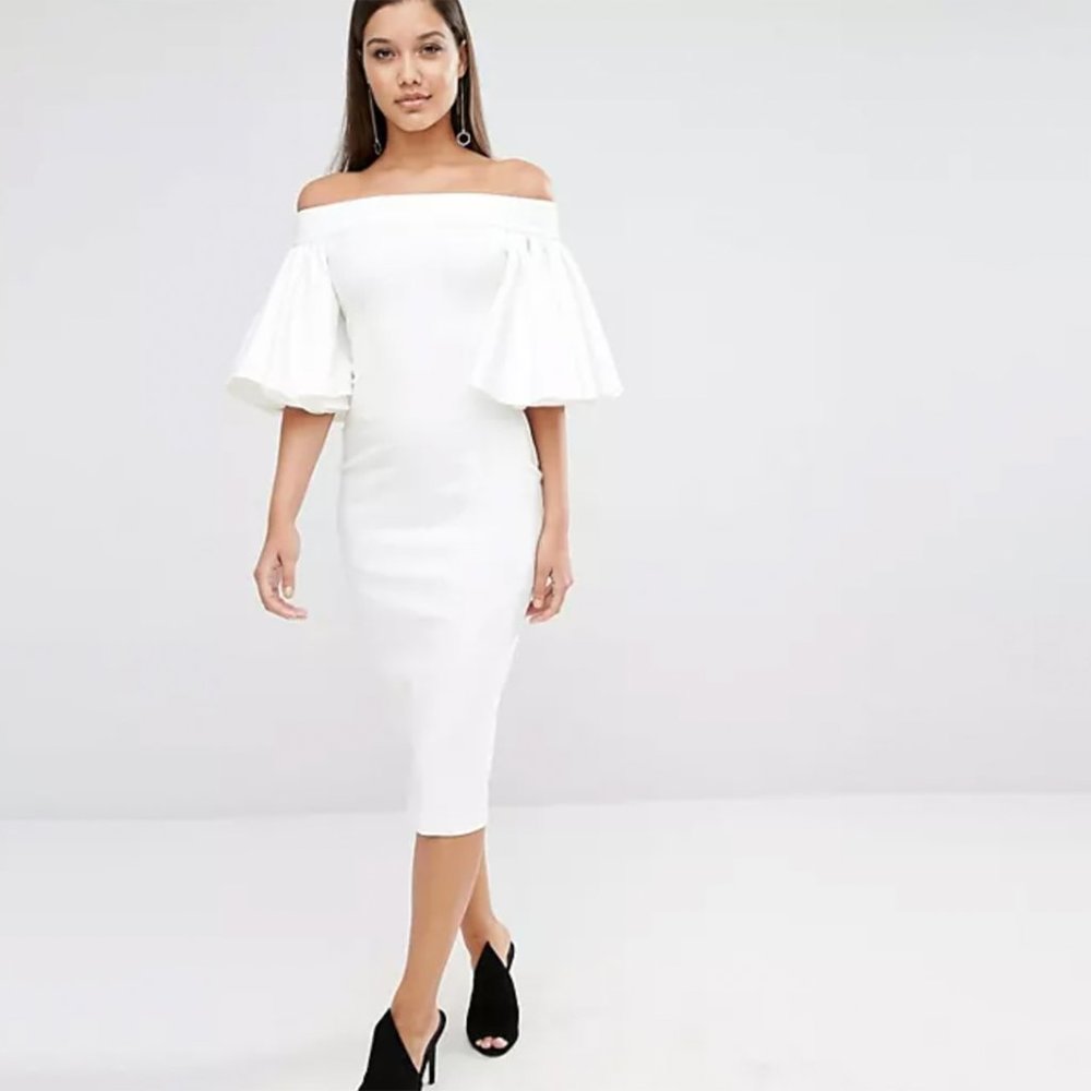🎀 AQ/AQ Rising Bardot Frill Sleeve Midi Dress | Size S